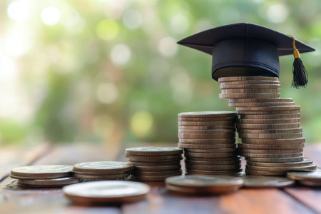 Coins are stacked high with a graduation cap on top, representing financial planning for education expenses.の写真素材