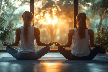 Two people sit cross-legged, meditating peacefully as the sun rises, casting warm light in the room.の写真素材