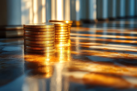 Coin stacks catch golden sunlight, casting soft reflections on a polished surface nearby.の写真素材