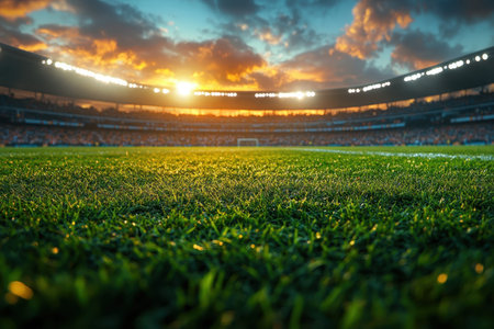 As the sun sets, the warm glow illuminates the lush green grass of the soccer field in a busy stadium.の写真素材