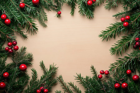 Fresh green pine branches and bright red berries create a festive frame on a light wooden surface.の写真素材