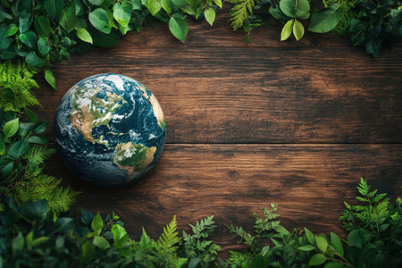 The globe is placed on a wooden surface, encircled by vibrant green leaves and plants, representing Earth.の写真素材