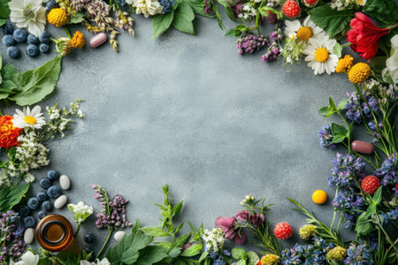 Fresh flowers, assorted berries, and herbs create a colorful composition on a textured background.の写真素材