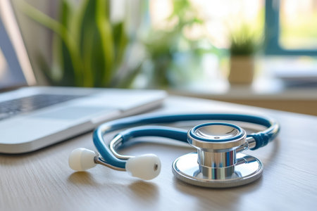 A stethoscope rests on a wooden desk next to a laptop, surrounded by green plants in an office.の写真素材