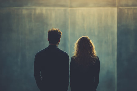 A man and a woman quietly observe their surroundings, facing a brightly lit wall during the evening.の写真素材