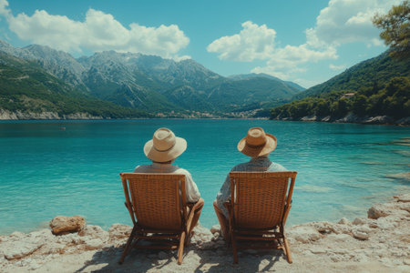 Two individuals enjoy a peaceful moment by the beautiful lake, surrounded by stunning mountain views and clear skies.の写真素材