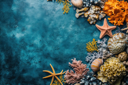 A beautiful arrangement of seashells, coral, and a starfish showcases oceanic wonders on a vivid backdrop.の写真素材