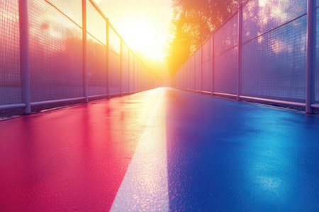 A pathway painted with red and blue stretches into the horizon, illuminated by a beautiful sunset.の写真素材