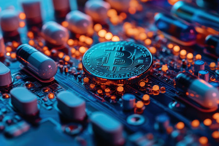 A Bitcoin sits atop a shiny circuit board surrounded by illuminated electronic components at night.の写真素材