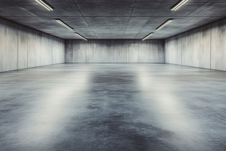 An expansive, empty industrial space features polished concrete flooring and bright overhead lights.の写真素材