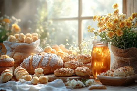 Freshly baked goods and a jar of honey are beautifully arranged in a warm, inviting kitchen by a window.の写真素材