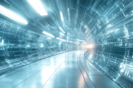 A luminous tunnel features bright lights and digital patterns, suggesting rapid motion through a surreal space.の写真素材