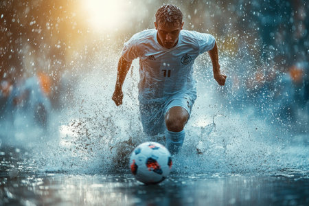 A dedicated soccer player runs through deep puddles, fiercely pursuing the ball in heavy rain as the sun sets.の写真素材
