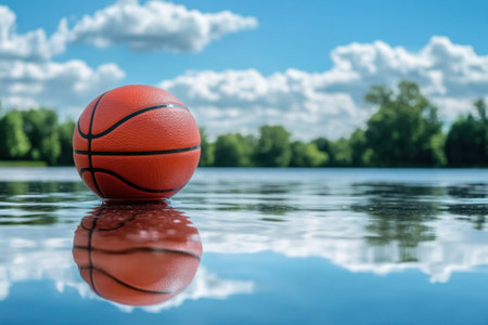 A basketball rests on a tranquil water surface, reflecting the beautiful sky and trees around a serene park.の素材