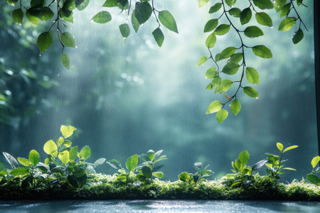 A serene atmosphere envelops the forest as raindrops fall, enriching the vibrant green leaves and plants.の写真素材