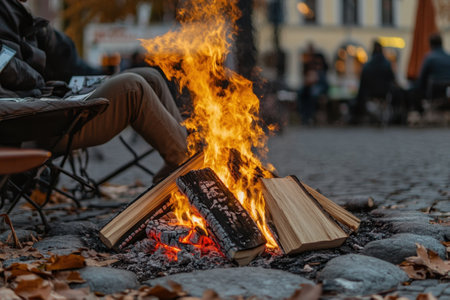 People enjoy a relaxing evening by a fire, surrounded by fallen leaves and books on a cool autumn night.の写真素材