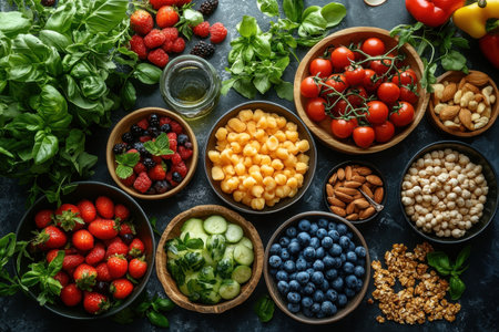 Fresh berries, cherry tomatoes, and nuts artfully displayed, highlighting healthy cooking ingredients.の写真素材