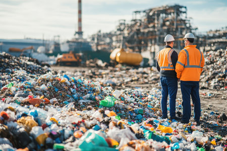 Two workers in safety gear examine a landfill site cluttered with plastic waste under a sunny sky.の写真素材