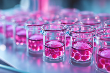Laboratory setup featuring numerous glass containers with pink liquids and small spherical objects floating.の写真素材
