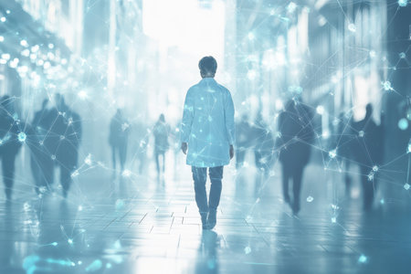 A figure dressed in a white coat walks alone in a busy futuristic city street surrounded by pedestrians.の写真素材