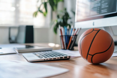 A basketball is placed on a wooden desk next to a laptop, surrounded by papers and stationery in a sunny room.の写真素材