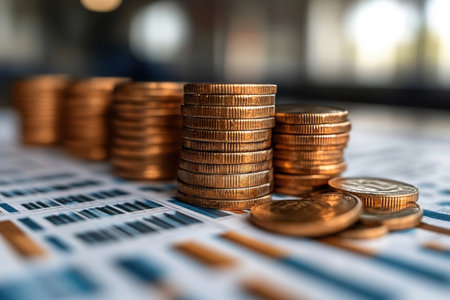 Multiple stacks of coins are arranged next to financial documents in a well-lit office environment.の写真素材
