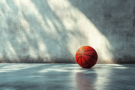 The bright basketball sits alone on the smooth floor, illuminated by gentle light creating soft shadows.の写真素材