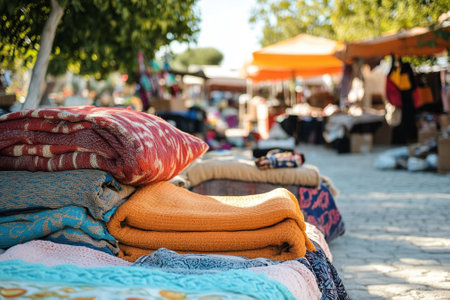 A variety of colorful blankets are neatly stacked at an outdoor market, inviting visitors to explore.の写真素材