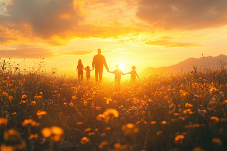 A family with children walks hand in hand through a flower-filled field during sunset.の写真素材