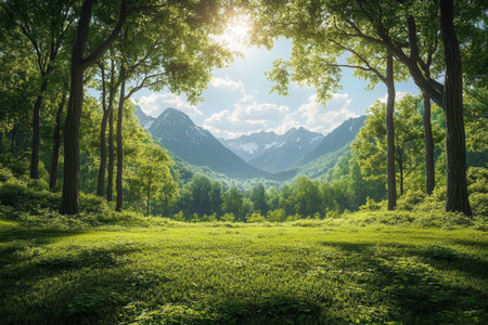 The forest opens up to reveal distant mountains bathed in sunlight, surrounded by vibrant greenery.の写真素材