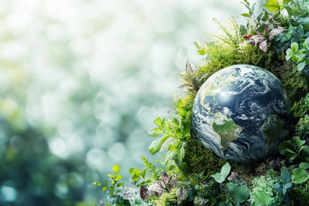 A globe rests among vibrant plants, illustrating the connection between Earth and nature conservation.の写真素材