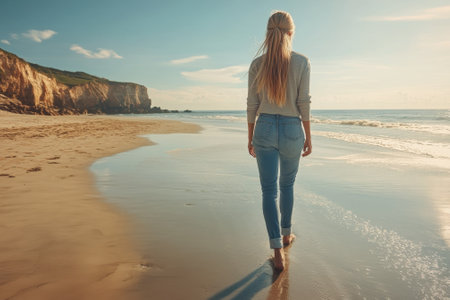 A woman strolls barefoot on a beautiful sandy beach as the sun sets behind coastal cliffs, creating a serene atmosphere.の写真素材