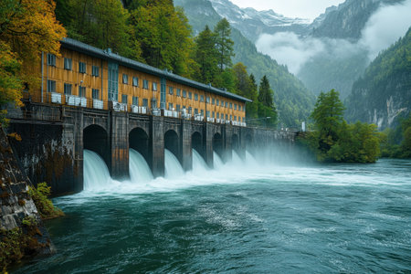 A hydroelectric facility releases water into the river, surrounded by colorful autumn trees and mountains.の写真素材