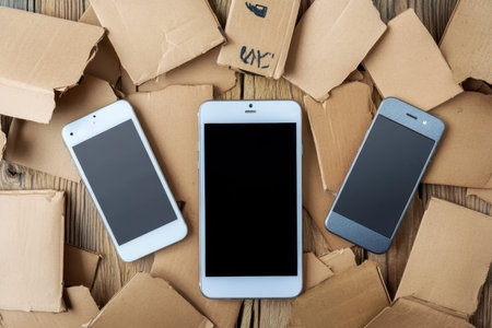 Three smartphones are surrounded by cardboard pieces on a wooden table, suggesting unpacking or sorting.の写真素材