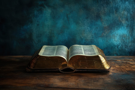 An open book lies on a wooden surface, beckoning readers with its aged, golden pages and rich text.の写真素材