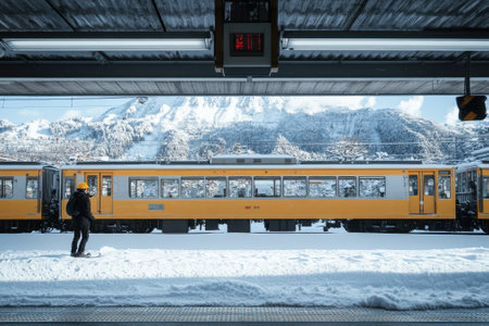 A traveler waits at a snowy train station surrounded by majestic mountains on a winter day.の写真素材
