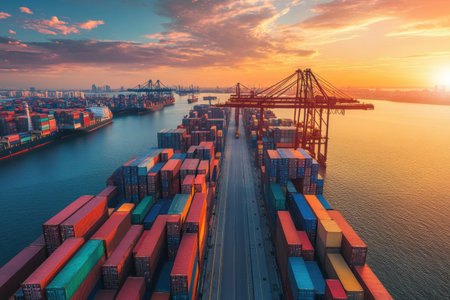 Container ships are docked at a busy port as the sunset casts colorful reflections on the water.の写真素材