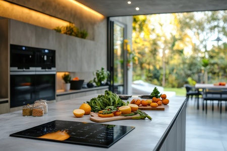 A contemporary kitchen features a variety of fresh produce artfully displayed on a countertop, with greenery outside.の写真素材