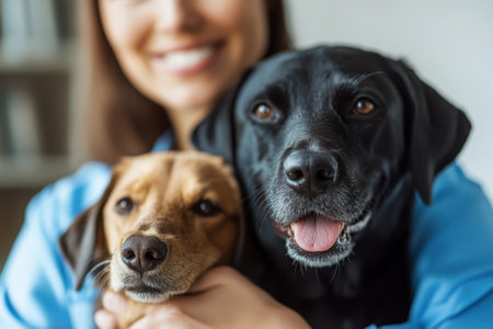 A joyful woman holds her two dogs close, showing their friendship and warm companionship in a cozy space.の写真素材