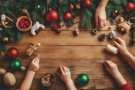 Hands of adults and children create colorful holiday crafts with decorations laid out on a wooden table.の写真素材