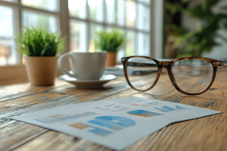 Glasses rest next to a cup of coffee on a wooden table with plants and a business report in daylight.の写真素材