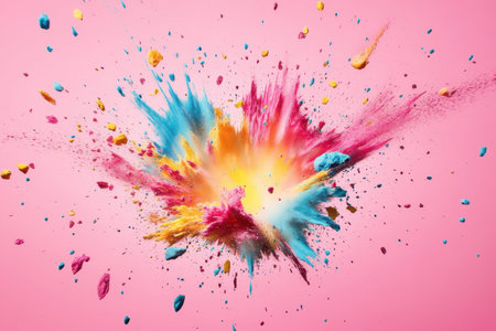 Bright powders burst dramatically against a pink backdrop, showing vivid colors and dynamic motion.の写真素材