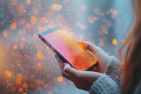 A person is using a smartphone that emits colorful glowing effects in a warm indoor setting.の写真素材