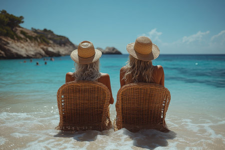 Two women sit in wicker chairs near the shoreline, soaking up the sun and enjoying the peaceful beach atmosphere.の写真素材