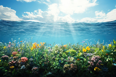 Colorful aquatic plants and flowers thrive beneath the clear water, illuminated by sunlight above.の写真素材