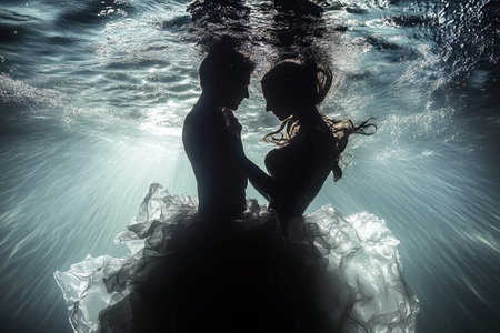 A couple shares a tender moment underwater, surrounded by shimmering light and soft waves.の写真素材