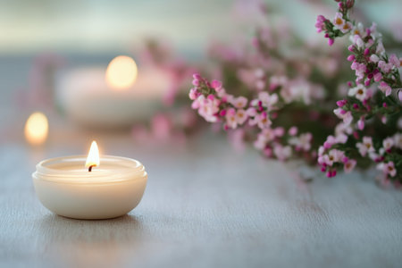 Soft candlelight illuminates a tranquil space adorned with delicate flowers, creating a peaceful ambiance.の写真素材