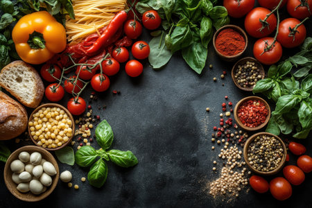A vibrant assortment of vegetables, herbs, and grains laid out for meal preparation on a dark background.の写真素材
