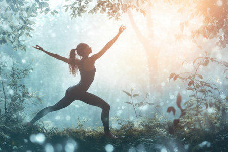 A woman performs a yoga pose in a peaceful forest, surrounded by soft sunlight and natural elements.の写真素材