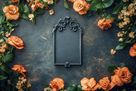 A decorative black frame sits in the center, adorned with orange roses and green foliage, creating a striking display.の写真素材